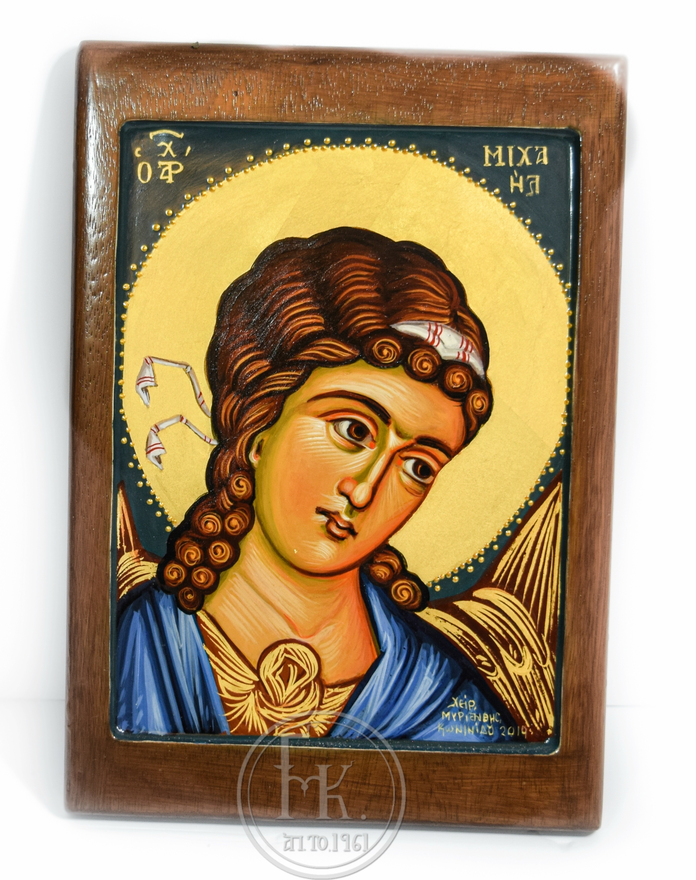 Michael Angel Handmade Wood Icon on plaque with physical aging & Golden Leaf 24K 
